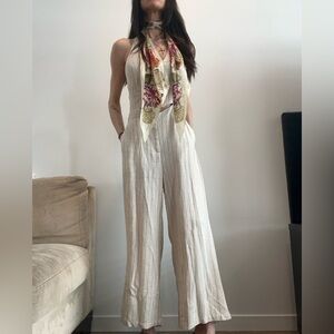 Zara Cream Pinstripe Wide-Leg Halter Jumpsuit